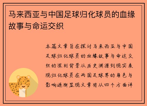 马来西亚与中国足球归化球员的血缘故事与命运交织 马来西亚与中国足球归化球员的血缘故事与命运交织