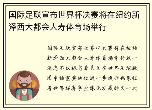 国际足联宣布世界杯决赛将在纽约新泽西大都会人寿体育场举行